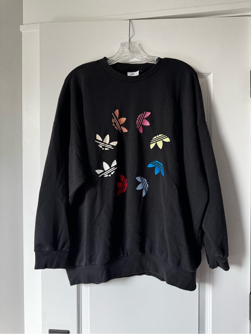 Adidas Black Crewneck Sweatshirt with Multicolor Trefoil Prints NWOT